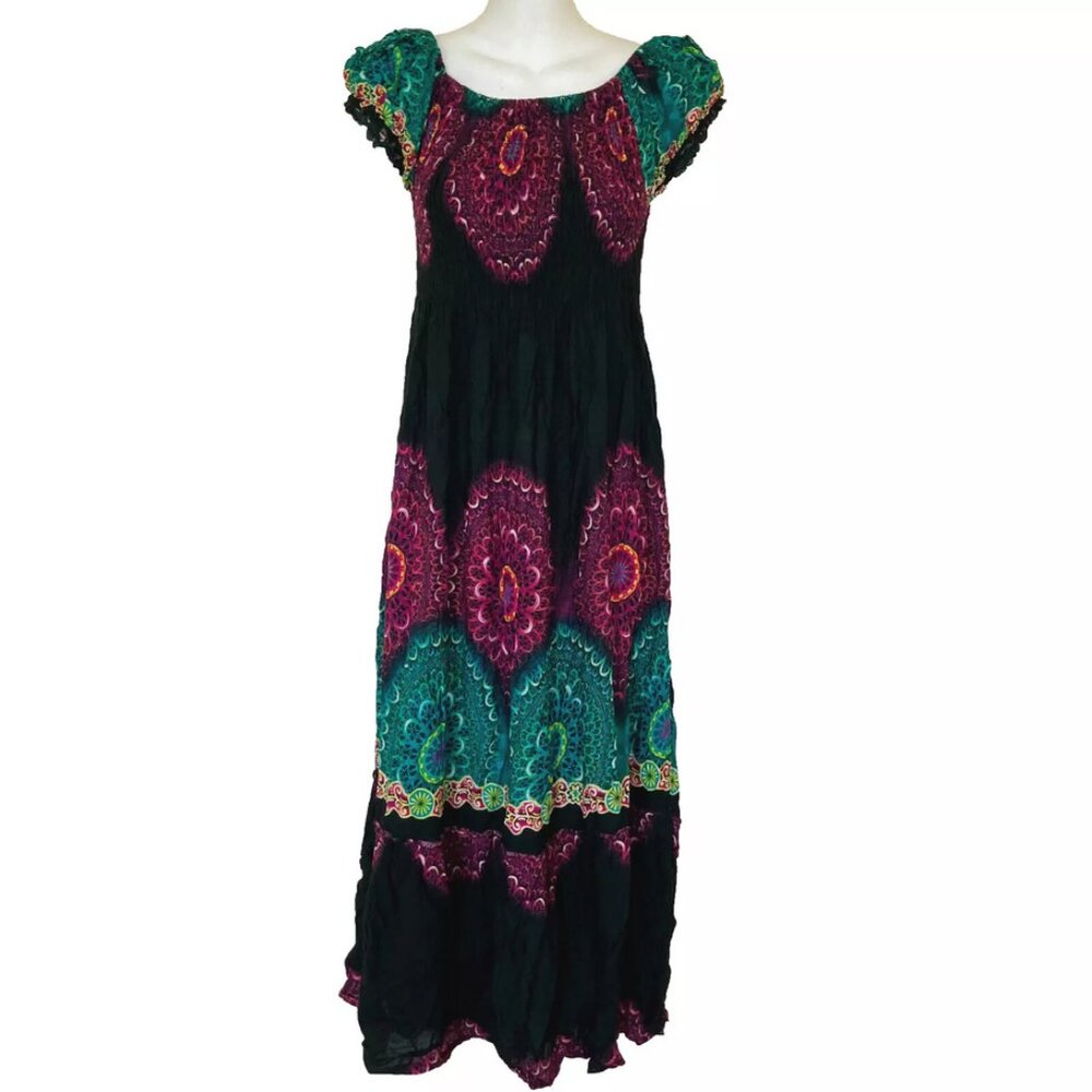 Boho Peasant Maxi Dress Cap Sleeve Mandala Print Smocked Bodice One Size Reg